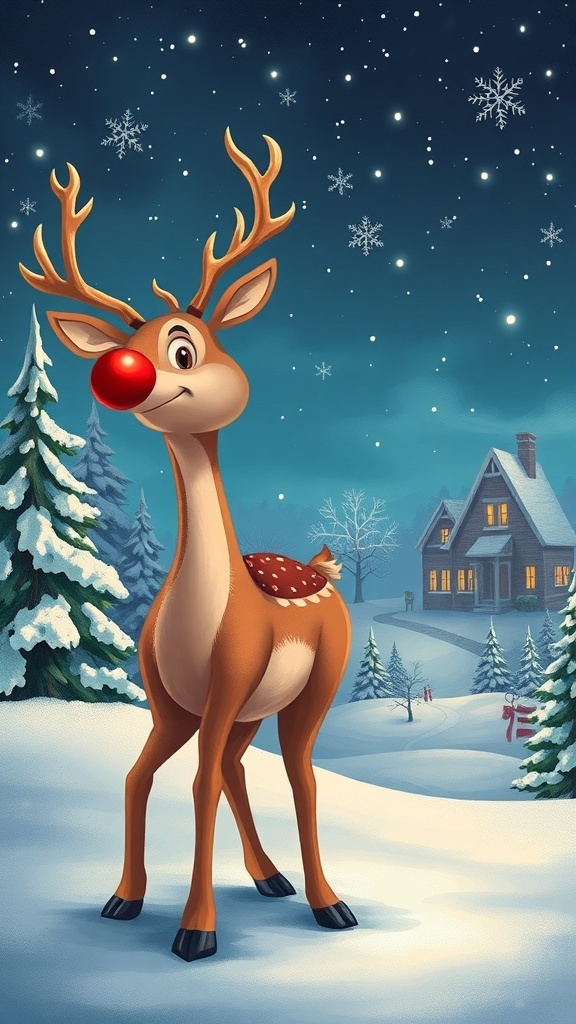 Rudolph the Red-Nosed Reindeer with a glowing nose in a snowy landscape.